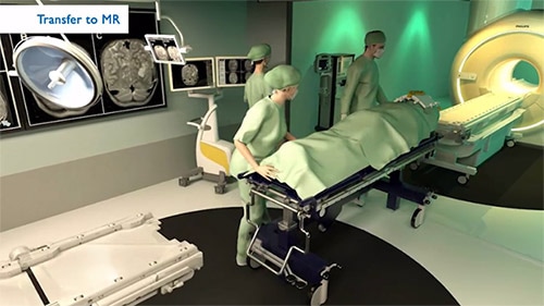 a patient being transferd from bed to mri machine